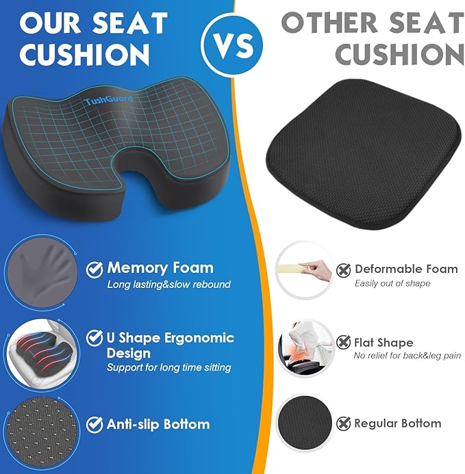 TushGuard Seat Cushion for Office Chair Memory Foam Non-Slip Desk Seat Cushion Back, Coccyx, Sciatica, Tailbone Pain Relief Butt Pillow for Office Chair, Car, Wheelchair, Grey