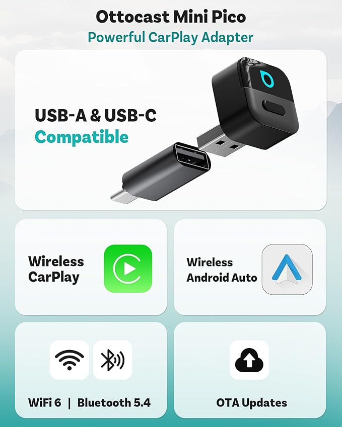 OTTOCAST Mini Pico 2026 Wireless CarPlay Adapter for iPhone & Android – Plug and Play Android Auto Adapter, Fast Connection, Small & Space-Saving