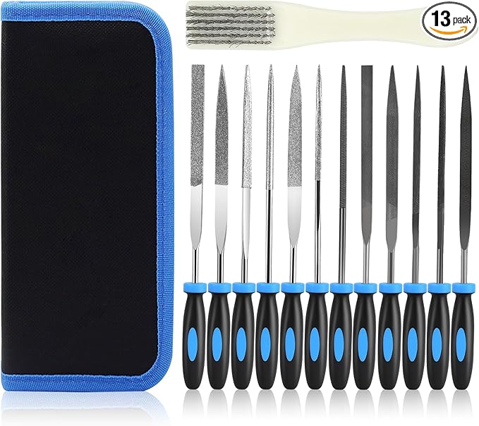 SOWKIPE 13Pcs Premium Small File Set, 6 Diamond Files, 6 Steel Files, Cleaning Brush & Carrying Case for Wood, Plastic, Jewelry, Leather, DIY