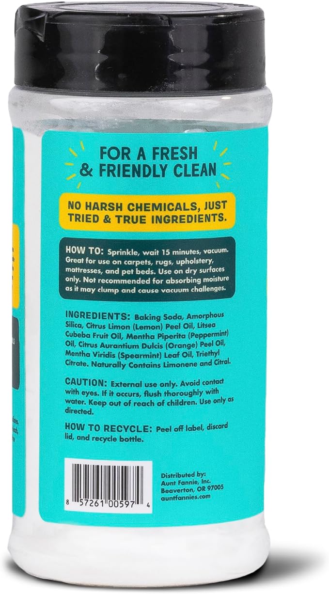 Aunt Fannie's Carpet Refresher & Deodorizer Powder, Multi-Purpose Rug, Carpet, and Upholstery Odor Eliminator for Homes with Cats and Dogs, Bright Lemon Scent, 16 Oz (Pack of 2)