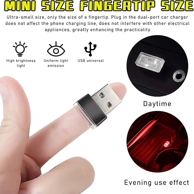 Augeny 4 PCS USB LED Car Interior Atmosphere Lamp, Plug-in USB Decor Night Light, Portable Auto Ambient Lighting Kit, Universal Vehicle Interior Accessories for Most Cars (2 Red+2 Purple)