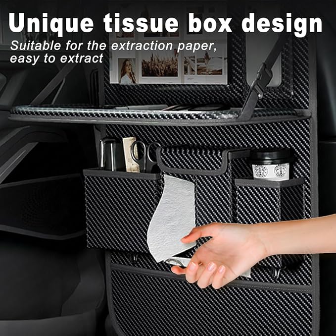 XDV Car Seat Organizers,Multi-functional Back Seat Protectors, Storage Pouches, and Tray Holders (for Cars, Kids, Seat Back and Rear Seats) (Carbon Fiber, 2 Pcs)