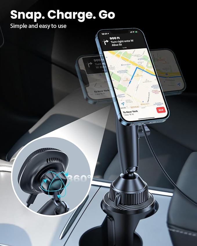 EXELIQ Cup Holder Charger Mount for Magsafe, Wireless Magnetic Car Mount Charger with Heat Dissipation System, 15W Fast Charging Phone Holder for iPhone 17 16 15 14 13 Pro Max Mini with PD 30W Adapter