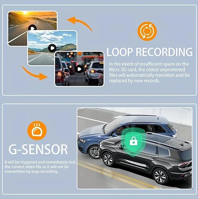 Dash Cam，3 Channel Dash cam, Full HD Dash Camera for Cars, Free 64GB SD Card, 2”IPS Screen, Night Vision, WDR, Parking Monitor, Loop Recording, Accident Lock, Motion Detection