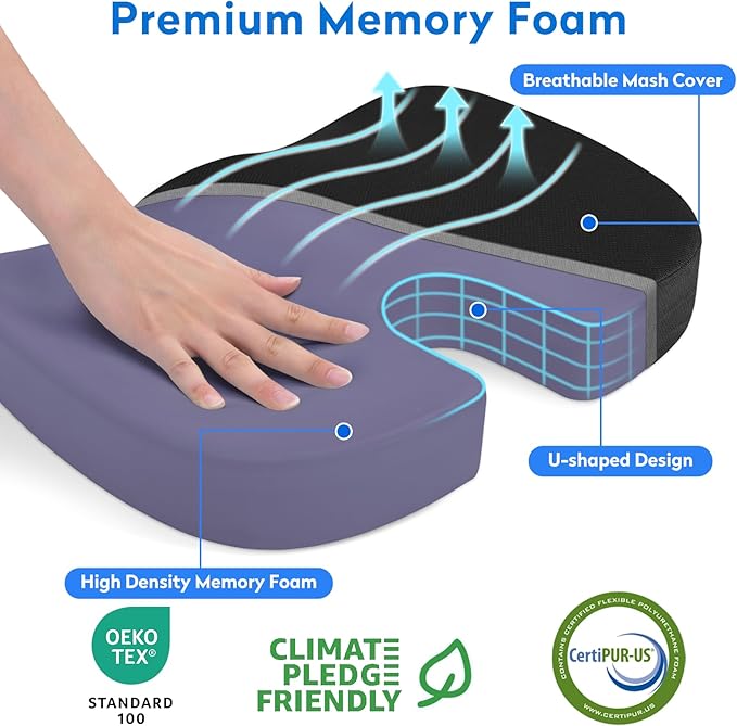 Seat Cushion - Memory Foam Office Chair Cushion for Sciatica, Tailbone & Back Pain Relief - Orthopedic Coccyx Pillow for Car, Airplane, Pregnancy & Long Sitting at Work, Black