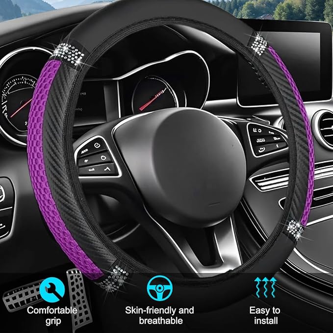 Bling Car Steering Wheel Cover, 15 Inch Elastic Stretch Crystal Rhinestone Vehicle Steering Wheel Protector, Anti-Slip Auto Interior Protective Cover, Universal for SUV RV Truck (Purple)
