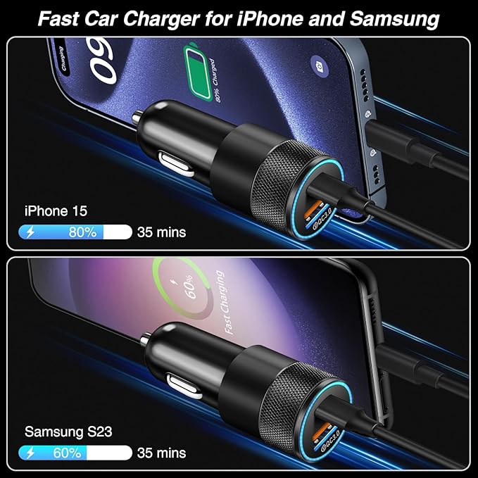 USB C Car Charger, 2 Pack 38W Dual Ports USB-C & USB-A Car Charger Adapter Fast Charging Cigarette Lighter Chargers for iPhone 17 Pro Max 16 16e 15, Samsung S24, Pixel Cargador para Carro Phone Plug
