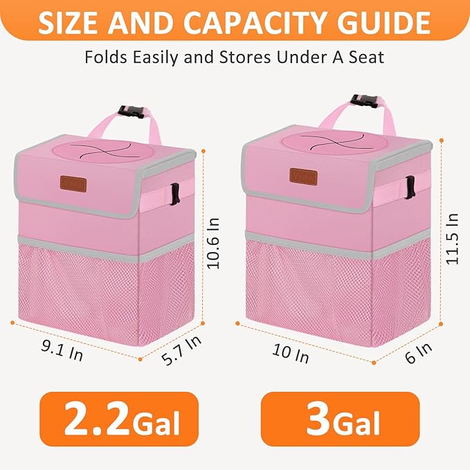 Vankor 3 Gallons Car Trash Can with Lid, Car Trash Bag Bin Hanging Waterproof Automotive Garbage Cans Leak Proof Vehicle Trash Can Pink