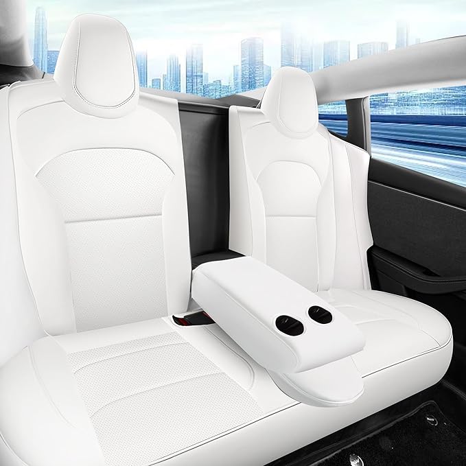 Customized Seat Cover for Tesla Model 3 2024 2025 Highland Long Range (Not for Performance) Nappa Leather Car Interior Airbag Compatible Cushion Cover Full Set (T3-White-24-25)