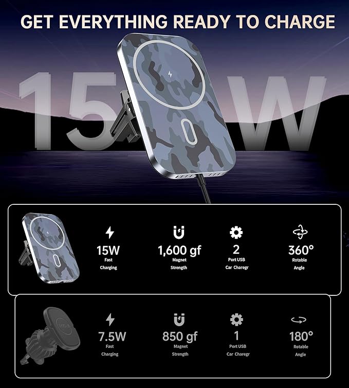 Mukiya for MagSafe Car Mount Charger with Adapter, 360° Rotation Magnetic Wireless iPhone Car Charger for Air Vent, Compatible with iPhone 17/16/15/14/13/12 Series (Multi-Gray)