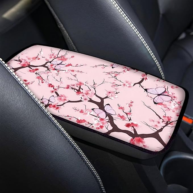 Pink Cherry Blossom Thin Car Armrest Pads Auto Armrest Box Cover Comfortable Middle Storage Organizer Pad Universal Style Car Accessories Decor