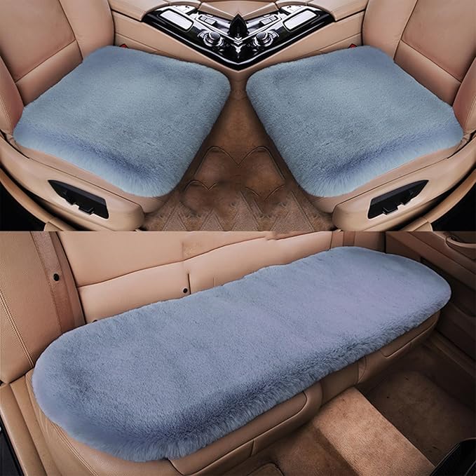 Plush Car Seat Cushion, Soft Warm Fuzzy Faux Rabbit Fur Fluffy Plush Auto Seat Cover Vehicle Car Front and Back Seat Protector Pad with Non-Slip Backing Cushion Interior Universal Fit (Blue,3PCS)