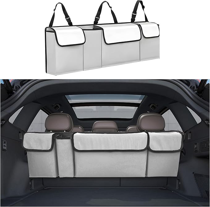 Car Trunk Organizer, Backseat Hanging Large Storage with Adjustable Straps,Waterproof PVC Collapsible Cargo Bag, Car Interior Accessories for Auto SUV MPV (White)