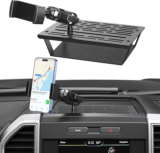 Surfcabin No Punching Required Dash Phone Holder, Compatible with 2015-2020 F150 2017-2022 F250 F350, Metal Cellphone Mounting Bracket Stand for Most CellPhones (Clip Type)