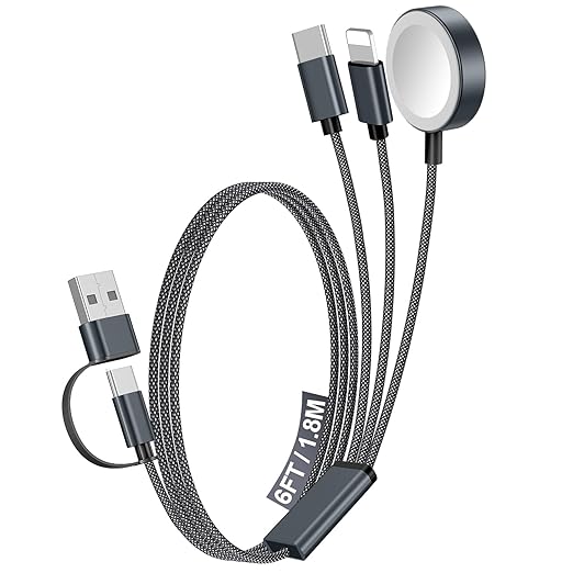 1Pack Multi Charging Cable Cord for Travel Essentials,Apple Watch Charger,iPhone Charger,[3-in-2] Type C/LCable Portable Designed for iWatch,iPhone 17-8,Galaxy S25-21,AirPods,iPad-1.8M Black