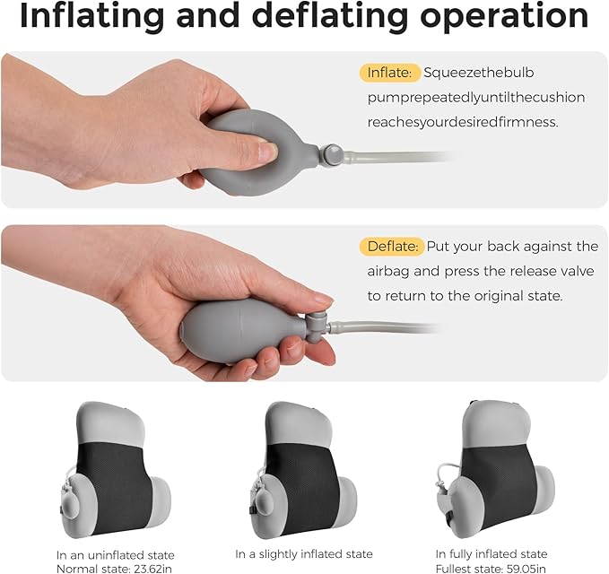 BEBAS Adjustable Air Lumbar Support Pillow for Office Chair, Car & Gaming Chair Memory Foam Back Support for Pain Relief & Posture Correction with Washable Cover, Grey