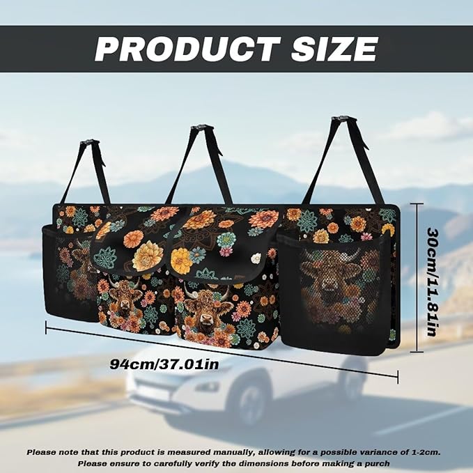 Boho Mandala Highland Cow Car Trunk Organizer with 4 Compartments Floral Flowers Car Storage Bag Multipurpose Cargo Bag