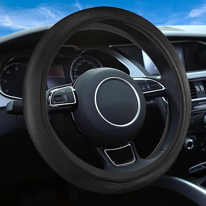 Black Mesh Steering Wheel Cover, Universal 15 inch, Elastic Stretch Microfiber Breathable Ice Silk Cover, Anti-Slip, Odorless, Sweat Absorption, Warm in Winter and Cool in Summer