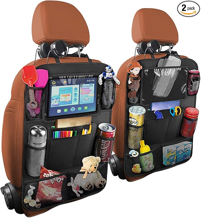 Osilly Car Seat Back Organizer, 2 Pack Backseat Storage Bag with Touch Screen Tablet Holder & 9 Pockets, Durable Waterproof Oxford Fabric, Travel Accessories, Road Trip Essentials for Kids