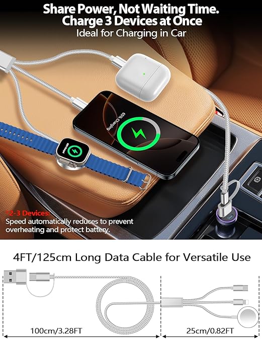 Travel Essentials for Apple Watch Charger,iPhone Charger,3 in 2 Type C/Lightning/Magnetic Travel Charging Cable,Portable Multi Charging Cable for Apple Watch, iPhone 17‑11, Samsung S26,Car,Camera–4ft
