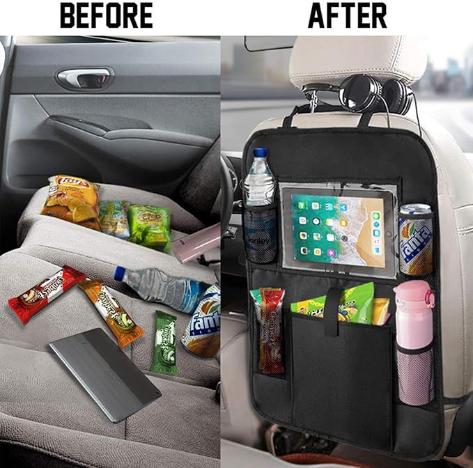 2 Pack Backseat Car Organizer, Seat Back Storage Bag with Touch Screen Tablet Holder Waterproof Seat Back Protectors Kick Mats for Kids Toddlers.