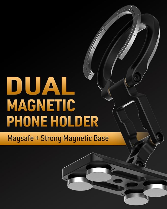 MOSENVKA Dual Magnetic Phone Holder Gym Magnetic Stand,Tripod Phone Mount (1/4'' Hole& ARCA-Swiss),Portable Phone Grip for iPhone 12/13/14/15/16/17-Desk/Car/Gym/Golf Cart/Airplane Use Stand (Black)