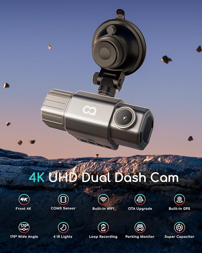 COOAU 4K Dual Dash Cam, Built-in GPS Wi-Fi, 2.5K+1080P Dash Cam Front and Inside with Infrared Night Vision, Dash Camera with Parking Mode, Loop Recording, Support 256GB Max