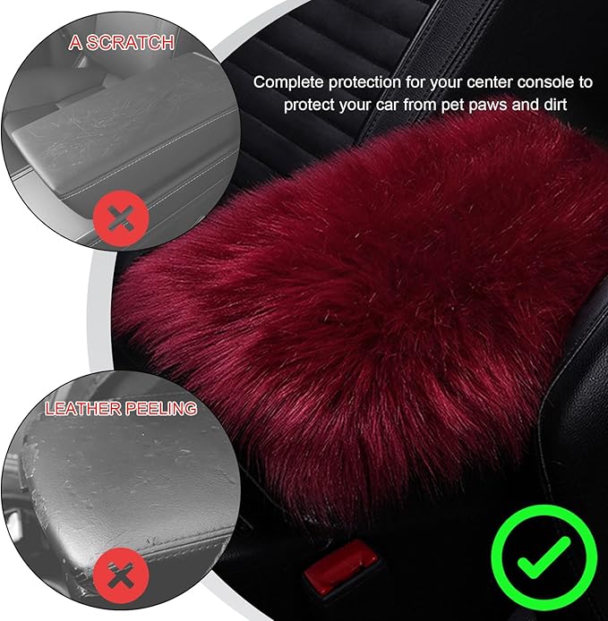 Center Console Cover, 11.81"×7.87" Automotive Fluffy Plush Center Armrest Protector, Universal Furry Comfortable Center Console Pad for Cars Trucks SUVs, Car Accessories (Wine Red)