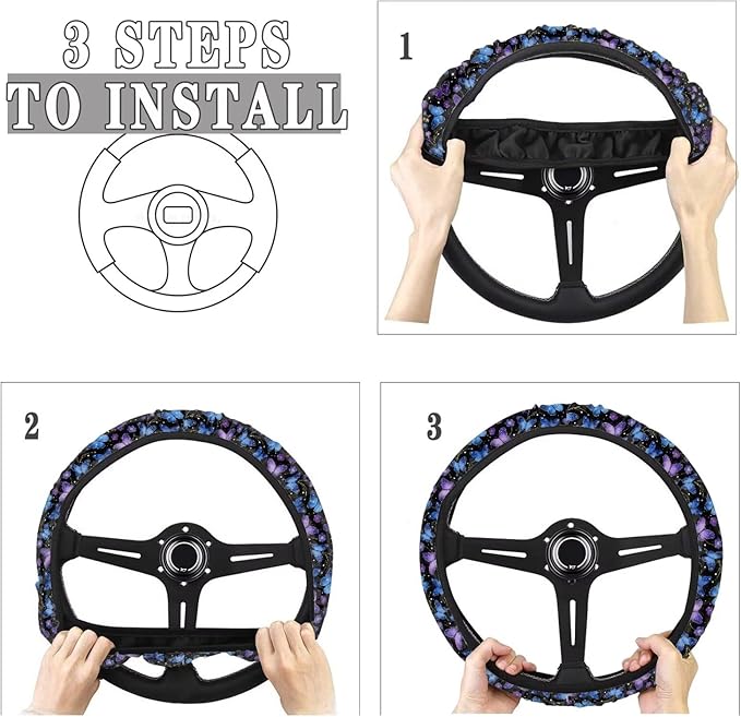 AFPANQZ Steering Wheel Protection for Automotive Steering Wheel Covers, Blue Purple Butterfly Sweat Absorption Comfort Grip for Driver Women Men
