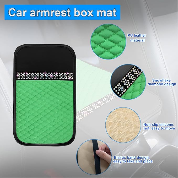 Car Center Console Cover, PU Leather Armrest Seat Box Protector Pad, Car Middle Console Armrest Cushion, Universal Auto Interior Decor Accessories for Most Vehicle, Truck, SUV (Green)