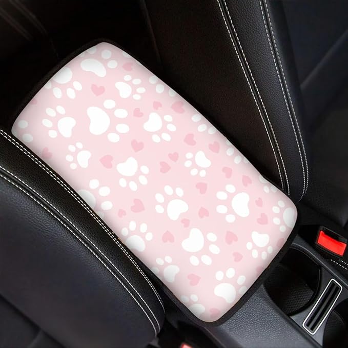 UNICEU Pink Love Hearts Dog Paw Car Center Console Armrest Cover Pad, Universal Fit Most Vehicle Truck SUV Lightweight Washable Car Armrest Seat Box Cover Decoration