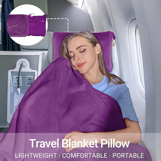 Travel Blanket & Pillow Set, 300 GSM Soft Fleece, 60x43 Inches, 3-in-1 Airplane Blanket, Travel Pillow and Blanket Set, Travel Blanket Airplane Compact with Bag, Travel Essentials, Violet
