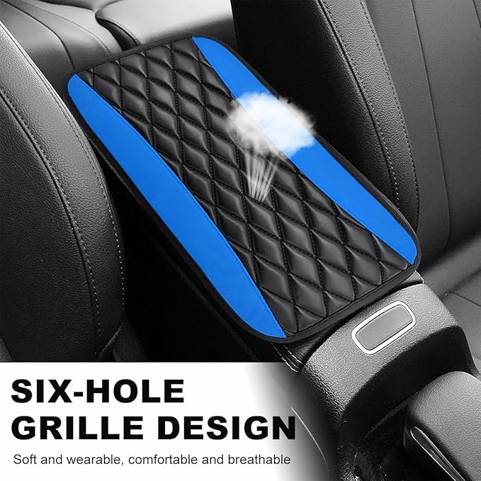 Car Center Console Cushion Pad, 12.6 × 7.48 Inches Waterproof Car Armrest Seat Box Cover, PU Leather Armrest Cover Protector for Most Vehicle, Universal Car Interior Accessories (Black+Blue)