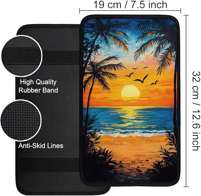 1pc Center Console Armrest Cover Pad 12.6x7.5 inch Palm Tree with Sunset Neoprene Car Armrest Cushion Waterproof Armrests Seat Box Cover Protector for Universal Cars Vehicles SUVs