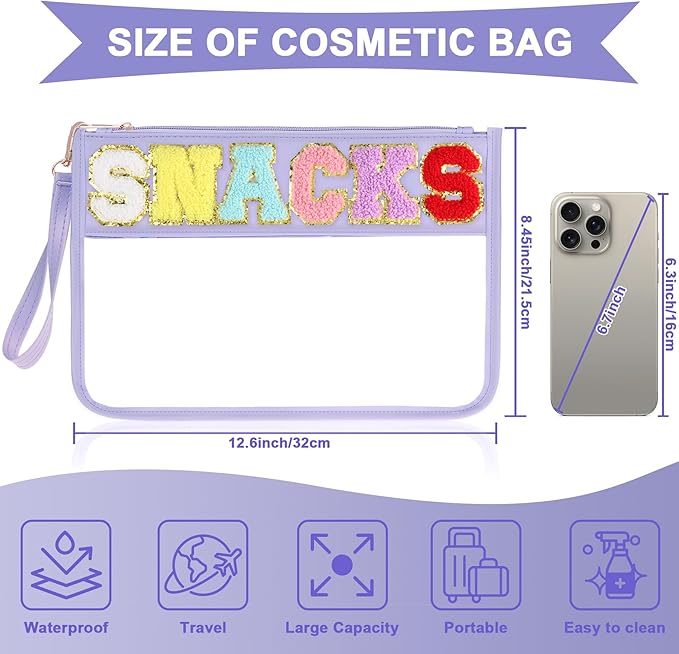 Snack Bag for Travel - Clear Chenille Varsity Letter Flat Pouch with Zipper, 12.2×8.46 inch Waterproof Clear Nylon Preppy Patch Makeup Cosmetic tote Bags for Women Girls