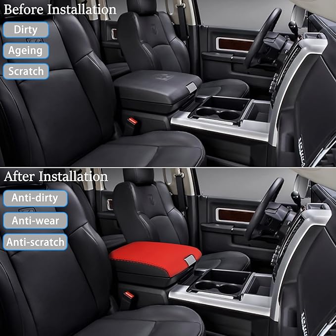 for RAM 2009-2018 Center Console Cover Anti-Scratch Waterproof Leather Armrest Pad Protector Cushion for Dodge RAM 1500 2500 3500 4500 5500 2009-2018 Interior Accessories(Red with Black)