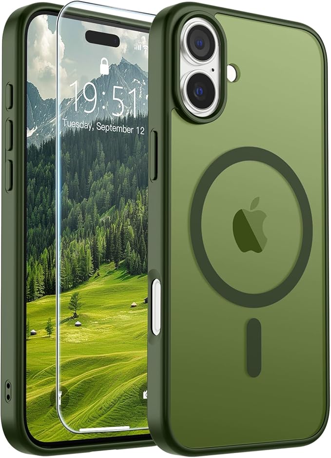 SUPFINE Magnetic for iPhone 16 Plus Case (Compatible with MagSafe) (Military Grade Drop Protection) Slim Translucent Matte Shockproof with Anti-Fingerprint Phone Case,Cangling Green