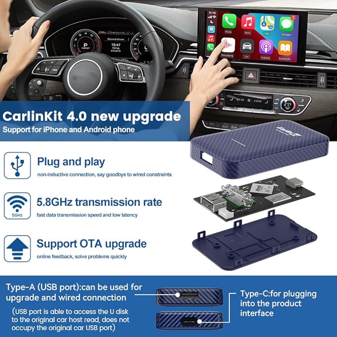 CarlinKit 4.0 CarPlay Wireless Adapter,Android Auto Wireless Dongle for OEM Wired CarPlay Cars,2026 OTA Upgrade-2 in 1,5Ghz WiFi Seamless Auto-Connect,Two Line, CPC200-CP2A for iPhone 6+/Android 11+