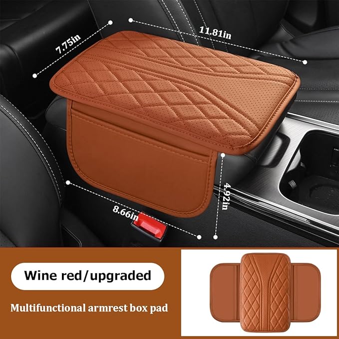 Car Center Console Cover, Leather Vehicle Armrest Box Pad with 2 Storage Bags, Automotive Interior Arm Rest Cushion Protector Accessories, Universal for SUV Sedan Truck (Brown)