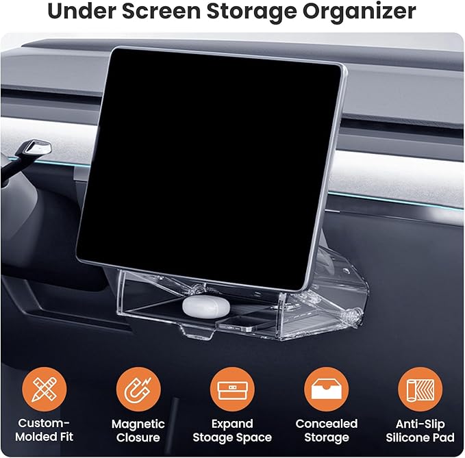 Under Screen Storage Box for Tesla Model Y Juniper 2025 26, Magnetic Hideable Center Console Organizer Tray for Tesla Model 3 Highland 2024 25, with Anti-Slip Silicone Pad, New Model Y 3 Accessories