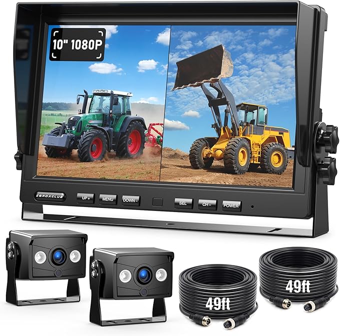 ZEROXCLUB 2 Wired Rear View Backup Camera System, 10" 1080P Monitor IP69K Waterproof Vibration-Proof 10G Reverse Camera, Quad Split Screen for Tractor, Truck, Trailer, Combine, Heavy Equipment, BH102