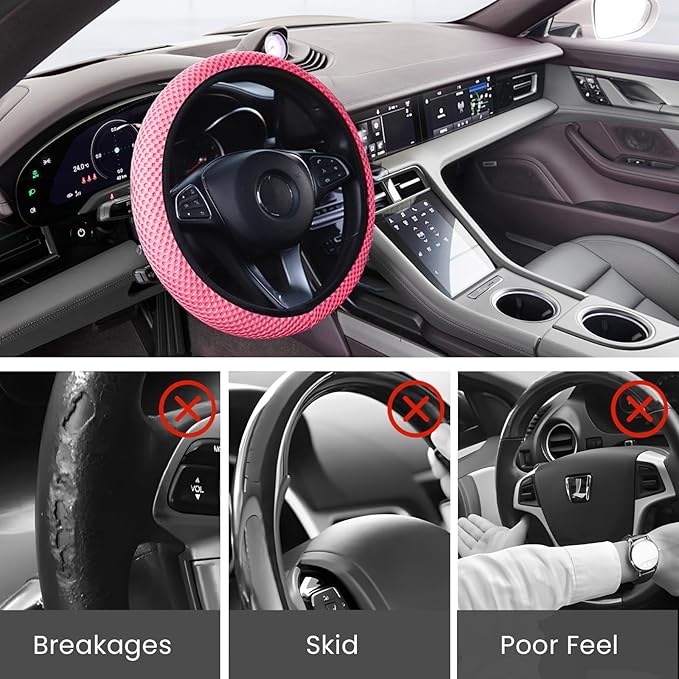 Elastic Stretch Car Steering Wheel Cover, Comfortable Steering Wheel Cover Universal for 14.5-15 Inch, Warm in Winter & Cool in Summer, Anti-Slip Breathable Ice Silk (Pink)