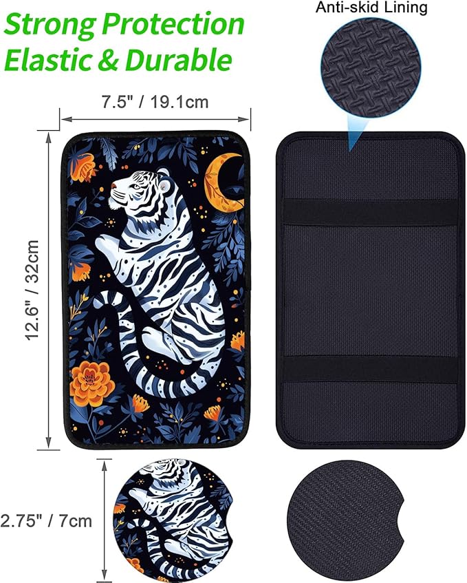 Car Armrest Cover Pads Universal Fashion Cute Auto Center Console Armrest Cover Pad with 2PCS Car Coasters Soft Waterproof Car Armrest Seat Protector for Women, Tiger Moon