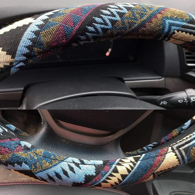 SHIAWASENA Car Steering Wheel Cover, Coarse Flax Cloth, Ethnic Style, Universal 15 Inch Fit, Anti-Slip Sweat-Absorbent (I#)