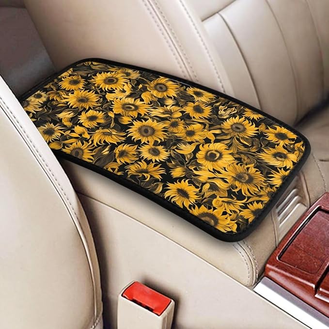 Car Center Console Cushion Pad Yellow Sunflower Universal Armrest Seat Box Cover Protector Cute Flower Floral Armrest Seat Box Cover Protector for Most Vehicle, SUV, Truck, Sedans