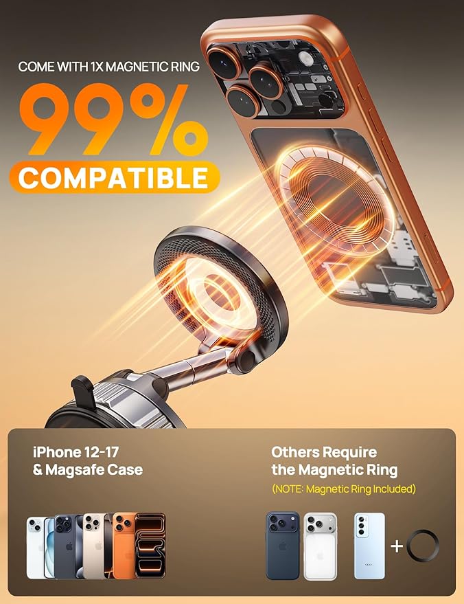 Upgraded Magnetic Car Phone Holder for Magsafe, 360° Adjustable Vacuum Suction Car Phone Mount [98 LBs Suction], Phone Holders for Your Car Fit Phone 17 Pro Max 16 15 14 13 12