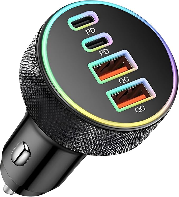 4 in 1 USB C Car Charger, 4-Port 90W PD QC Dual USB C & USB A Vehicle Fast Charging Cigarette Lighter Adapter, Multiport Auto Phone Charge Adapter, Fits 16 15 14 Pro Max Tablet (Black)