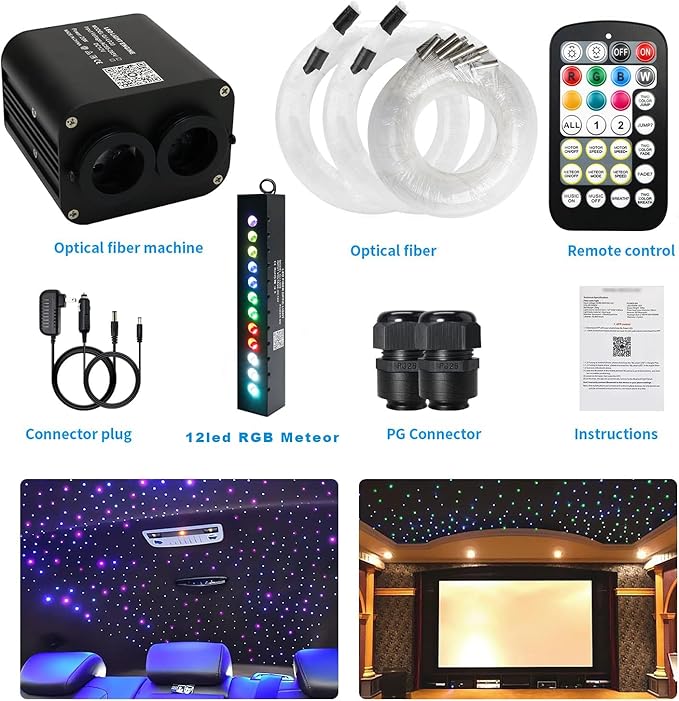 AMKI Dual Color 20W Twinkle Starlight Headliner Kit 600pcs*0.03in*9.8ft Cables+ RGB Meteor Shooting Star Fiber Optic Light Sound Activated APP/Remote Control for Car Roof Home Ceiling