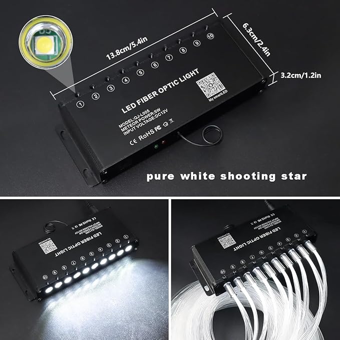 AMKI 100pcs*0.04in*9.8ft Pure White Shooting Stars Effect Fiber Optic Lights Kit,10Holes LED 5W Meteor Light Engine with Bluetooth+RF Remote Control 20 Meteor Modes
