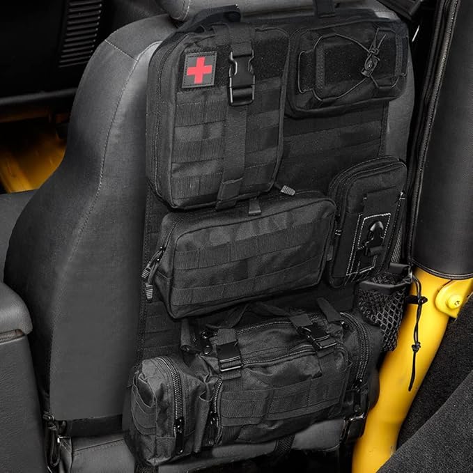 Universal Tactical Seat Back Organizer Vehicle Molle Panel Organizer Storage Bag with 5 Detachable Molle Pouch for All Vehicel Such as Jeep,Truck,SUV, Car, Ford,Chevy etc